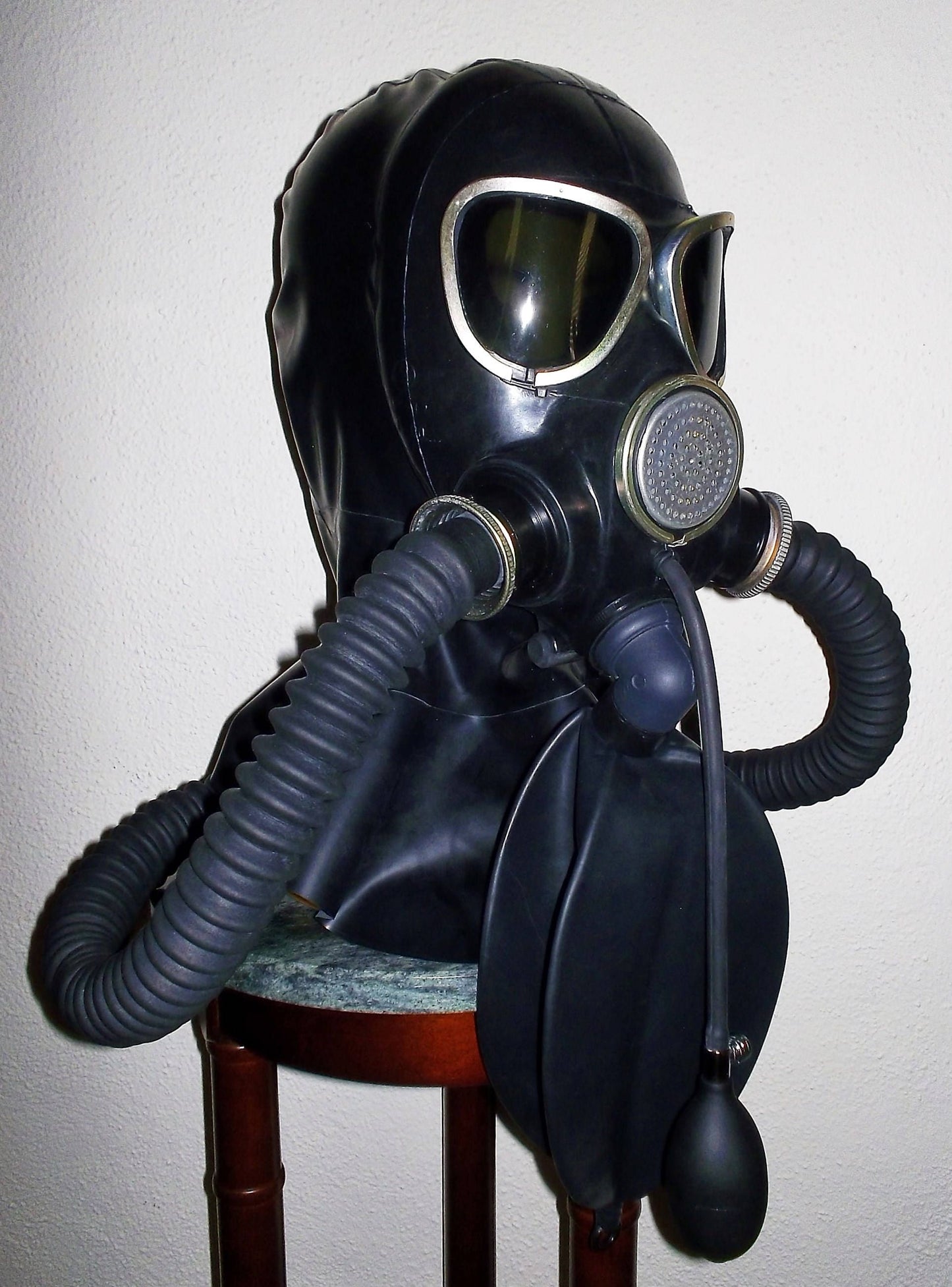 Latex GAS MASK Hood w Dark Tinted Lenses, Twin Hoses and Rebreather Bag~Heavy Rubber Fetish by FANTOMAS & Co.