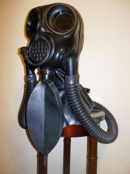 Fetish HEAVY RUBBER Gas Mask LATEX HOOD with Dark Lenses, Twin Hoses and Rebreather Bag by FANTOMAS & Co.