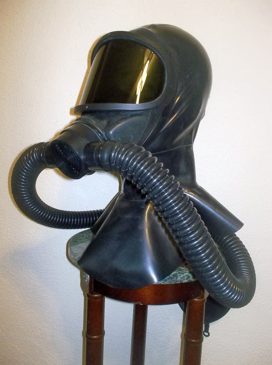 MSA Gas Mask REBREATHER Fetish LATEX Hood with Dark Tinted Lens, Double Hoses and 5 Liter Bag HEAVY RUBBER by FANTOMAS & Co.