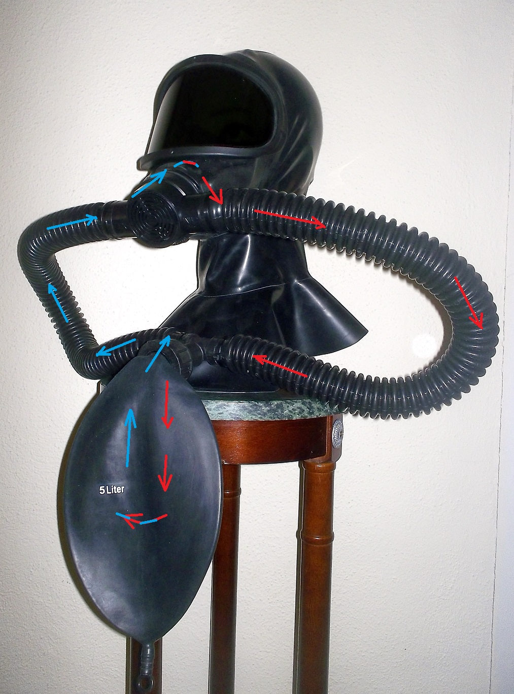 MSA Gas Mask REBREATHER Fetish LATEX Hood with Dark Tinted Lens, Double Hoses and 5 Liter Bag HEAVY RUBBER by FANTOMAS & Co.