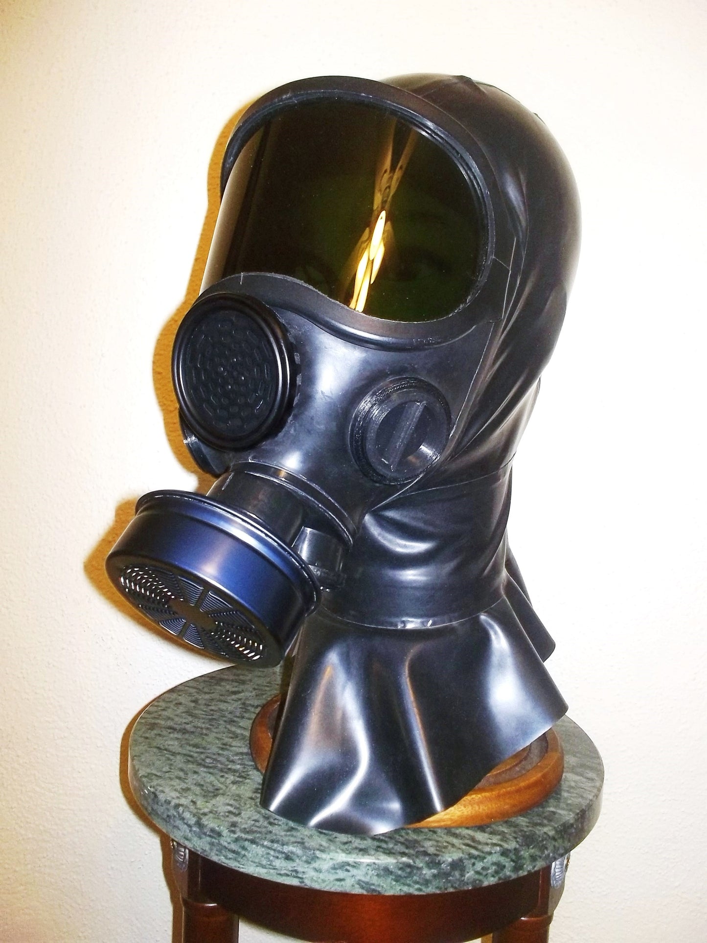 Custom HEAVY RUBBER Fetish LATEX Hooded GAS MASK with 3 Inlet PORTS, Dark Lens Shield, Twin Hoses and Rebreather Bag by FANTOMAS & Co.