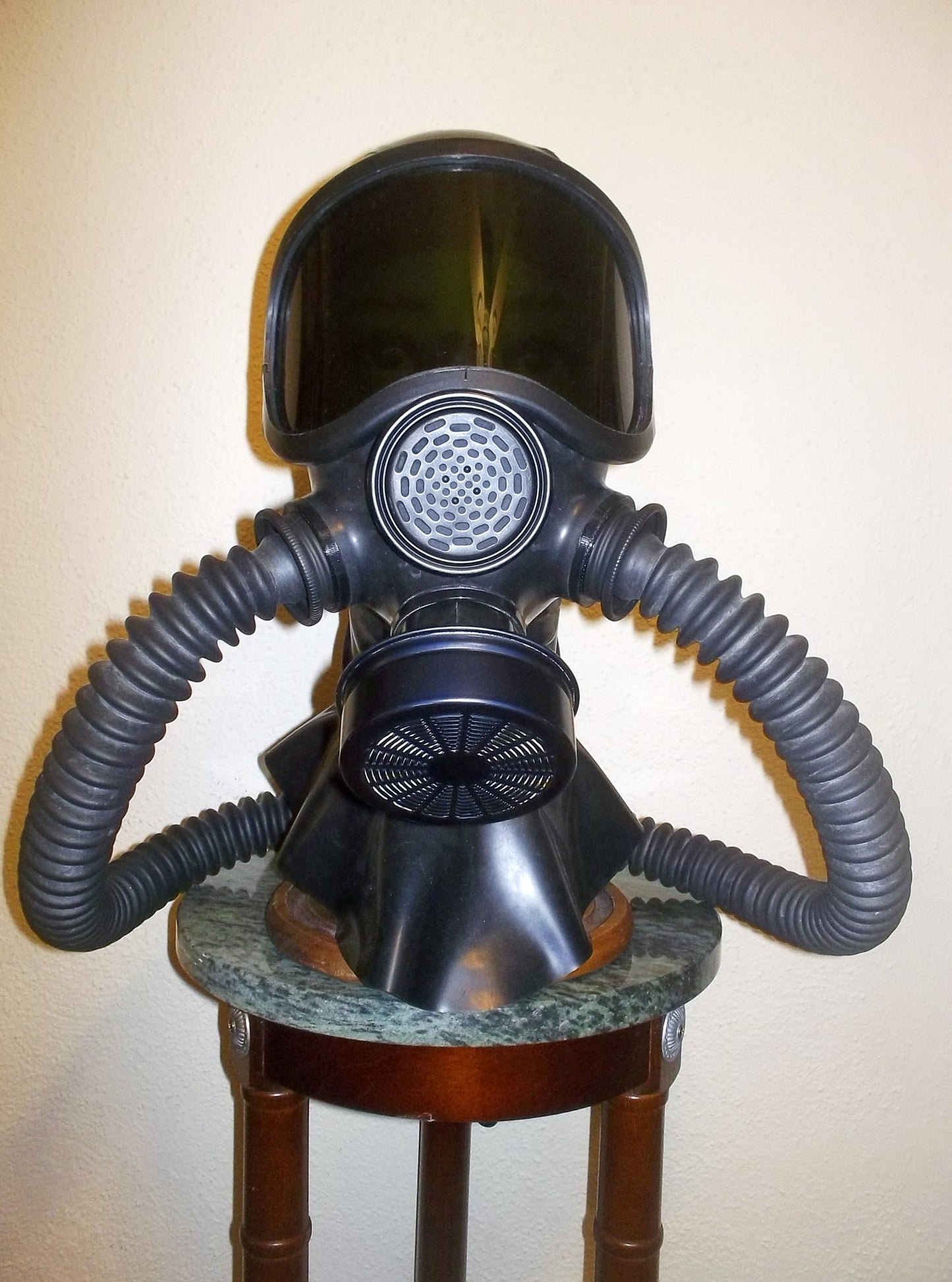 Custom HEAVY RUBBER Fetish LATEX Hooded GAS MASK with 3 Inlet PORTS, Dark Lens Shield, Twin Hoses and Rebreather Bag by FANTOMAS & Co.