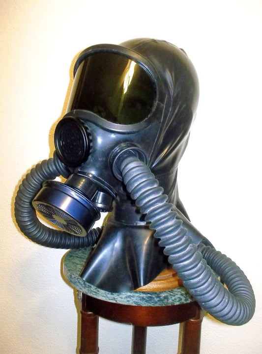Custom HEAVY RUBBER Fetish LATEX Hooded GAS MASK with 3 Inlet PORTS, Dark Lens Shield, Twin Hoses and Rebreather Bag by FANTOMAS & Co.
