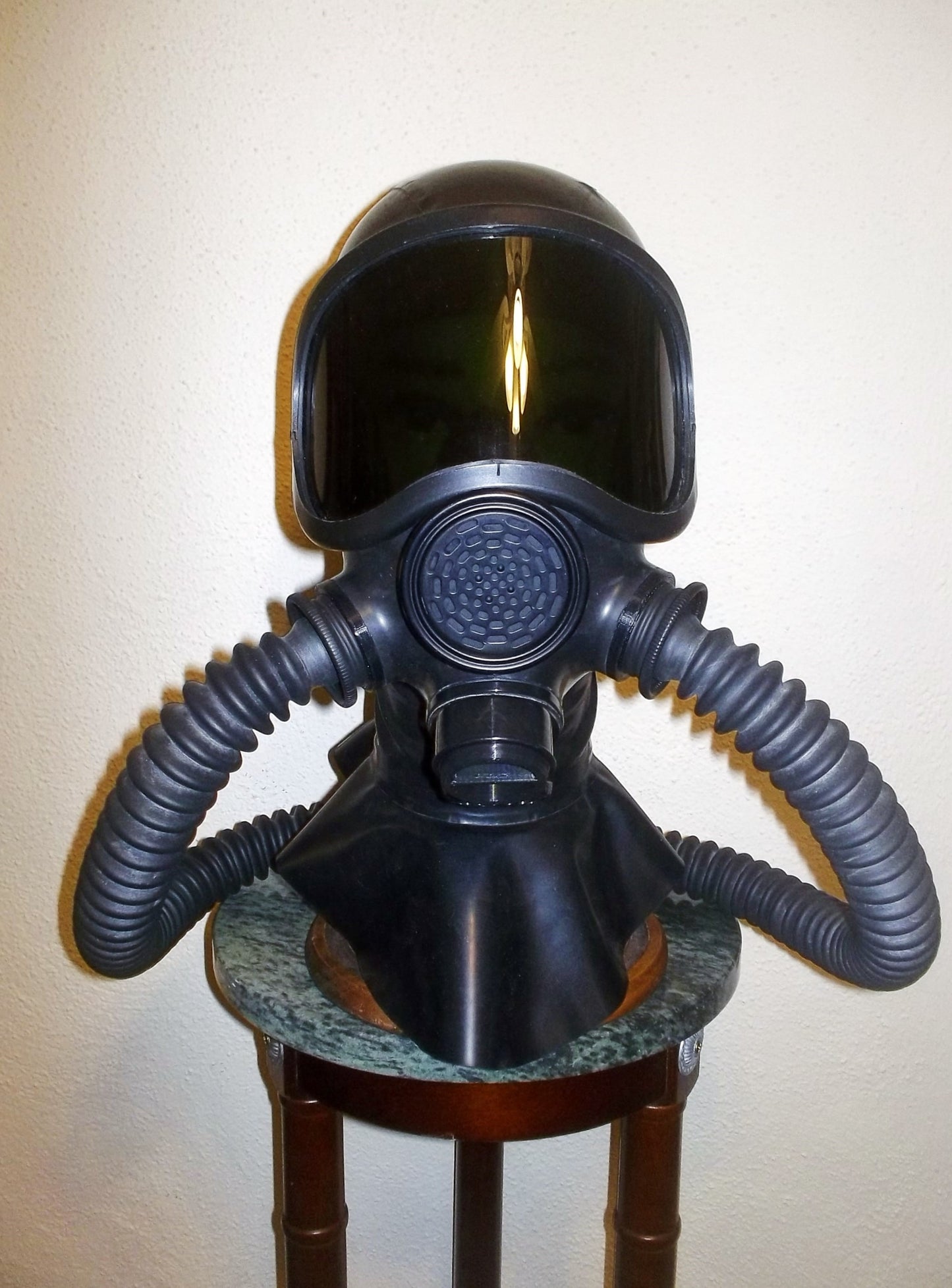 Custom HEAVY RUBBER Fetish LATEX Hooded GAS MASK with 3 Inlet PORTS, Dark Lens Shield, Twin Hoses and Rebreather Bag by FANTOMAS & Co.