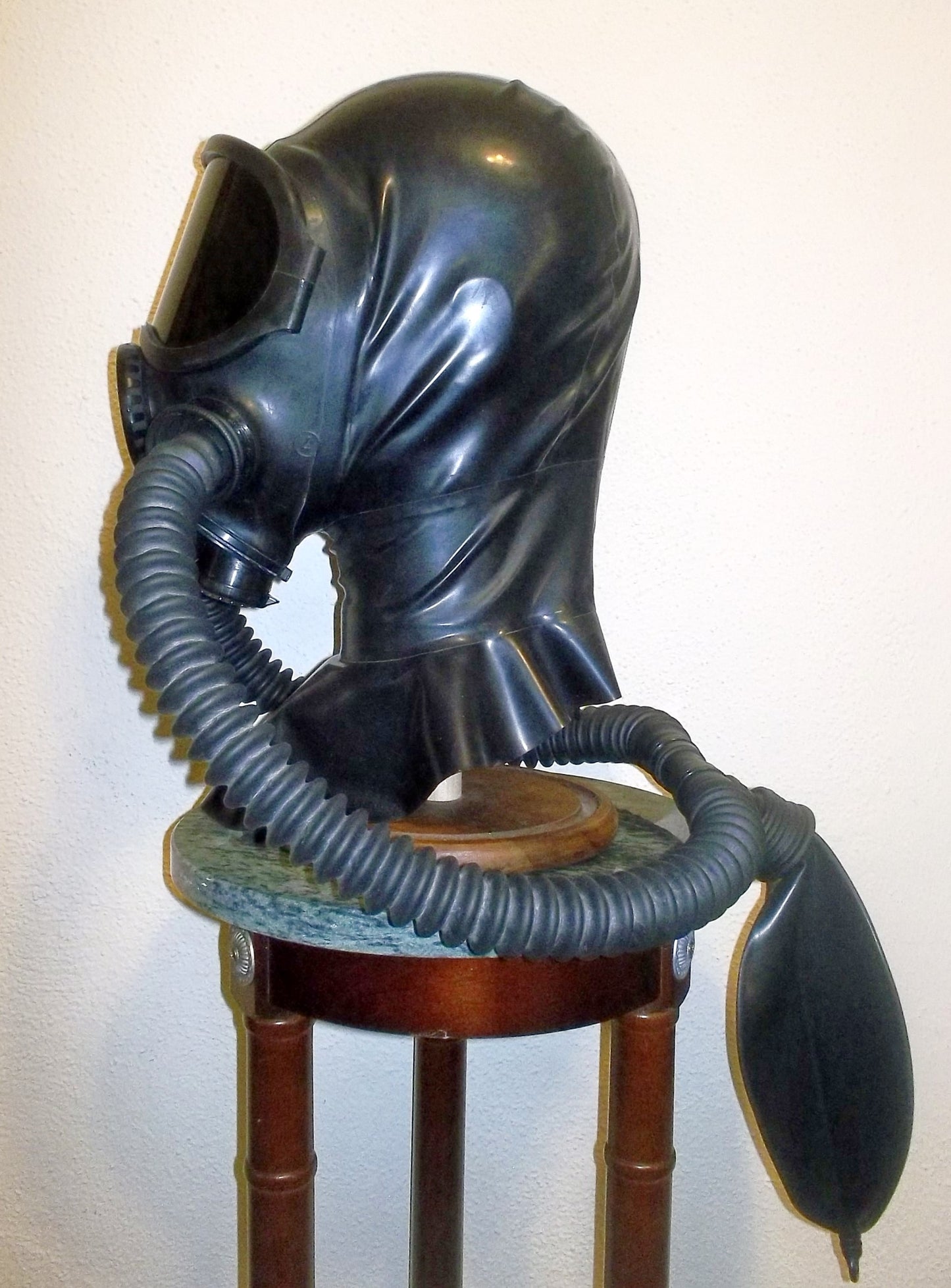 Custom HEAVY RUBBER Fetish LATEX Hooded GAS MASK with 3 Inlet PORTS, Dark Lens Shield, Twin Hoses and Rebreather Bag by FANTOMAS & Co.