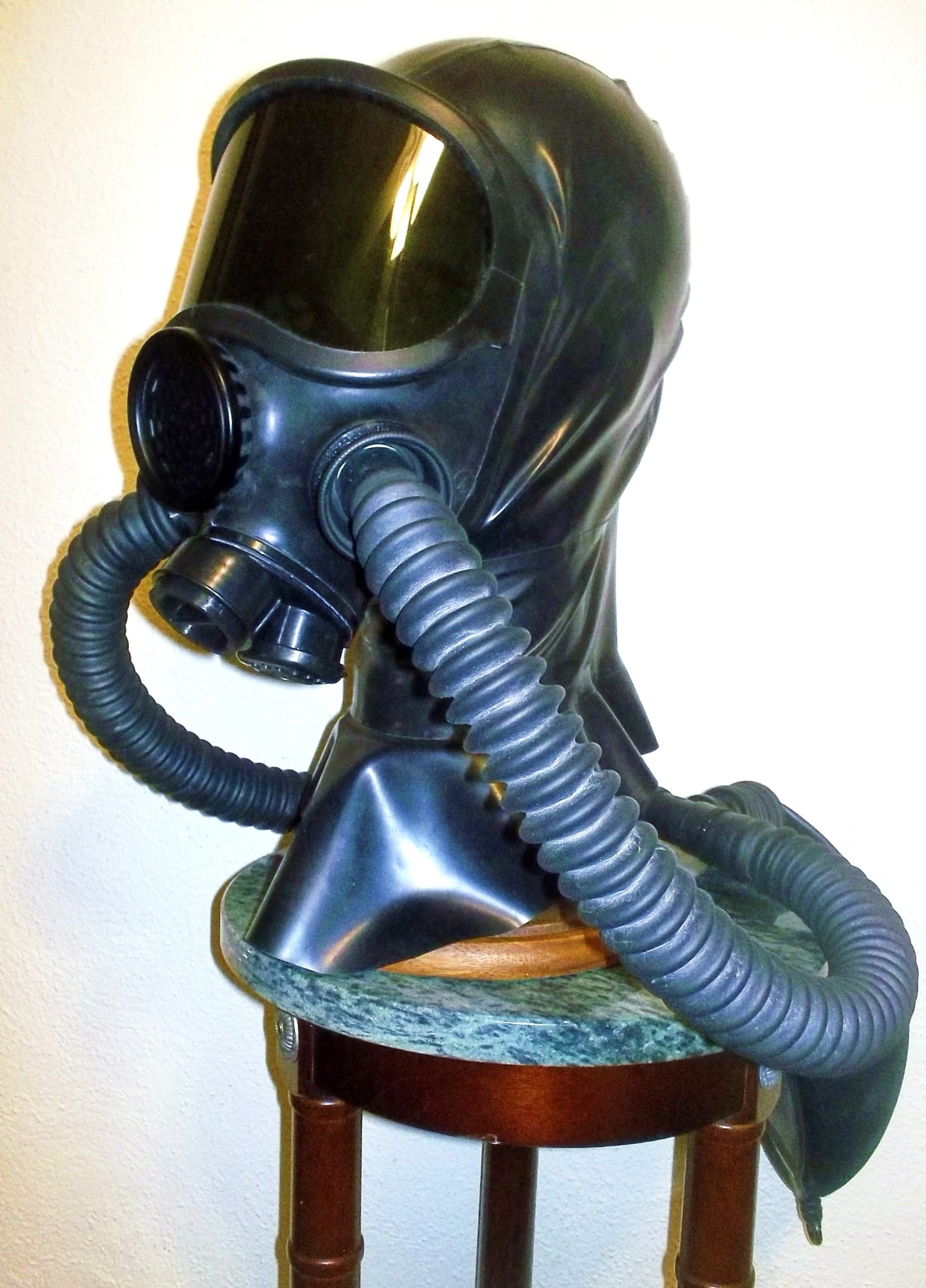 Custom HEAVY RUBBER Fetish LATEX Hooded GAS MASK with 3 Inlet PORTS, Dark Lens Shield, Twin Hoses and Rebreather Bag by FANTOMAS & Co.