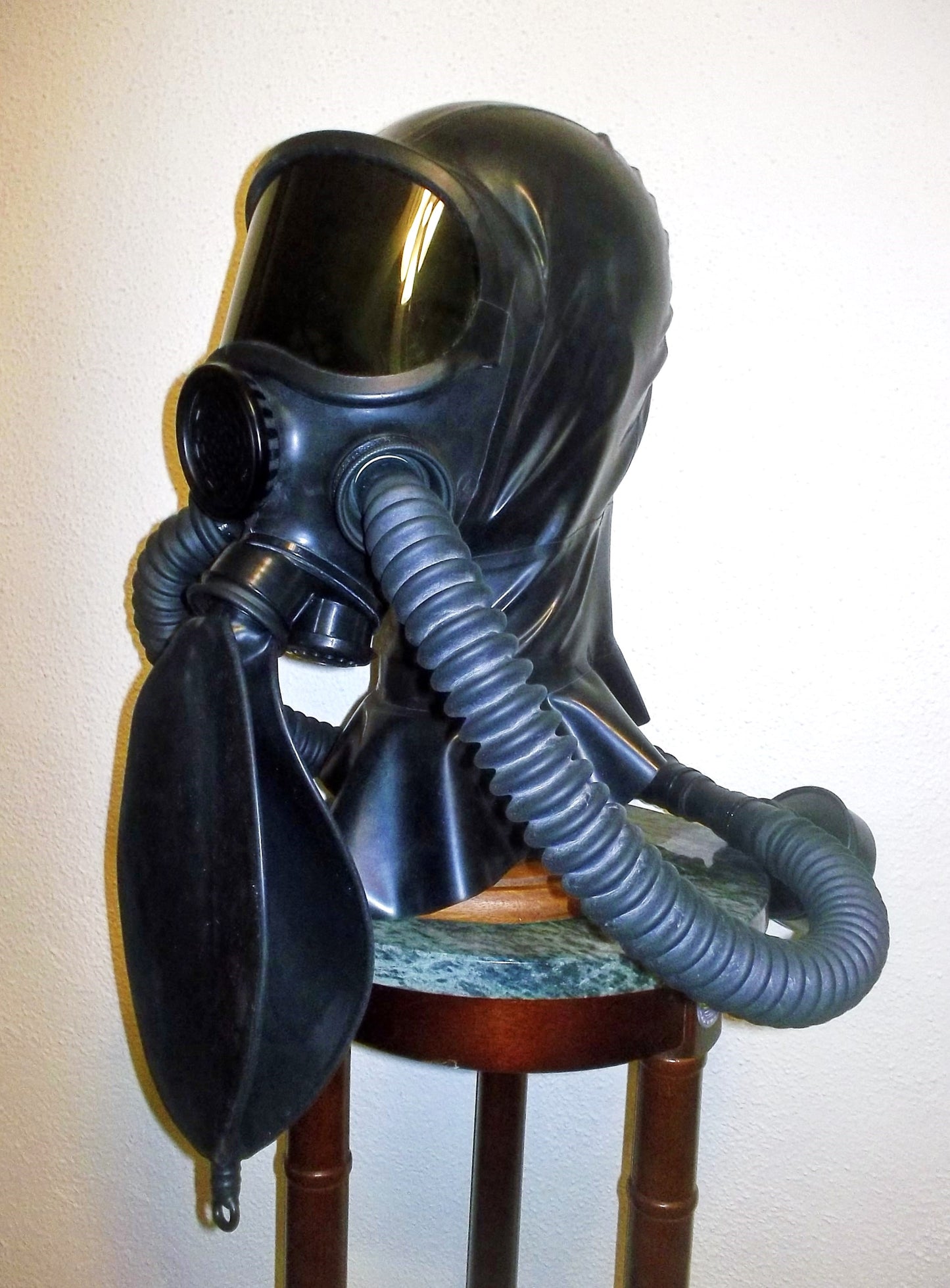 Custom HEAVY RUBBER Fetish LATEX Hooded GAS MASK with 3 Inlet PORTS, Dark Lens Shield, Twin Hoses and Rebreather Bag by FANTOMAS & Co.