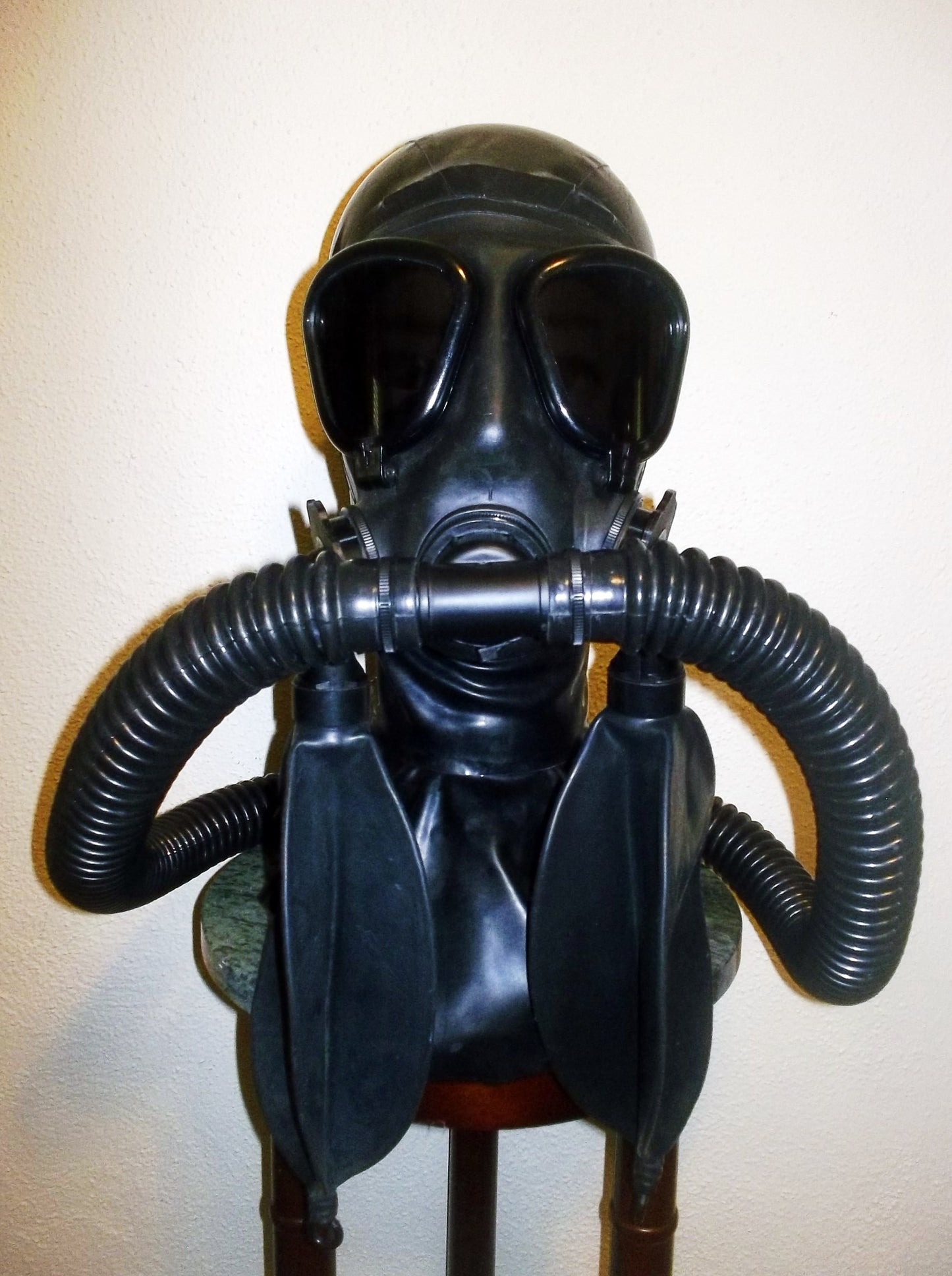 Fetish Heavy Rubber LATEX Gas Mask HOOD with Dark Tinted Lenses, Double Hoses and Two Detachable Rebreather Bags by FANTOMAS & Co.