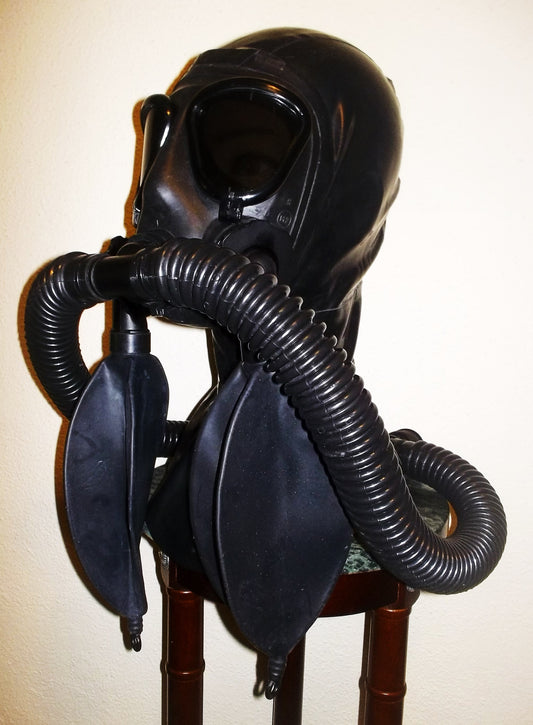 Fetish Heavy Rubber LATEX Gas Mask HOOD with Dark Tinted Lenses, Double Hoses and Two Detachable Rebreather Bags by FANTOMAS & Co.