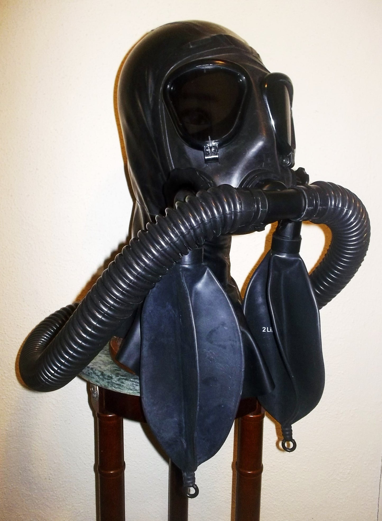 Fetish Heavy Rubber LATEX Gas Mask HOOD with Dark Tinted Lenses, Double Hoses and Two Detachable Rebreather Bags by FANTOMAS & Co.