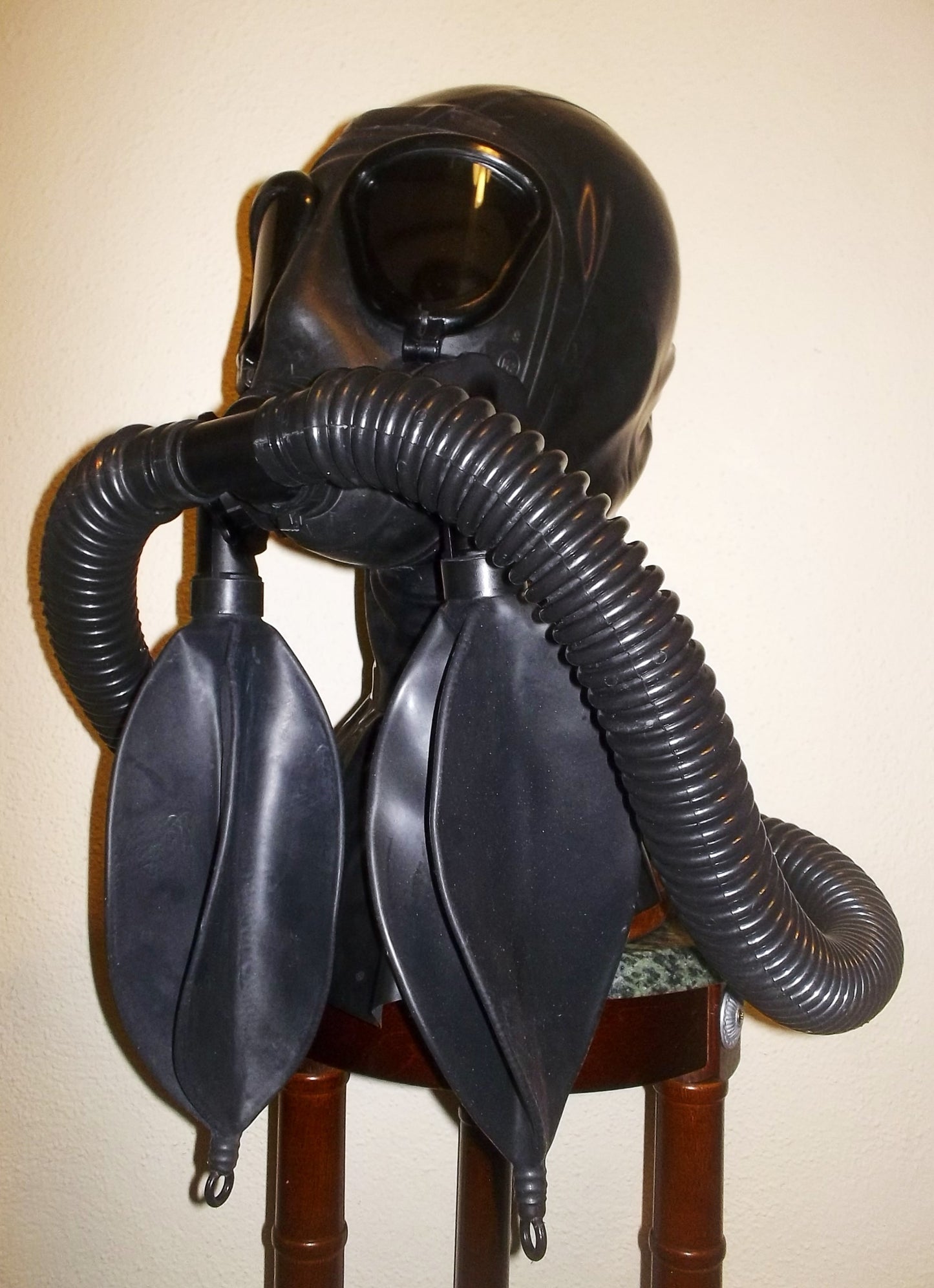 Fetish Heavy Rubber LATEX Gas Mask HOOD with Dark Tinted Lenses, Double Hoses and Two Detachable Rebreather Bags by FANTOMAS & Co.
