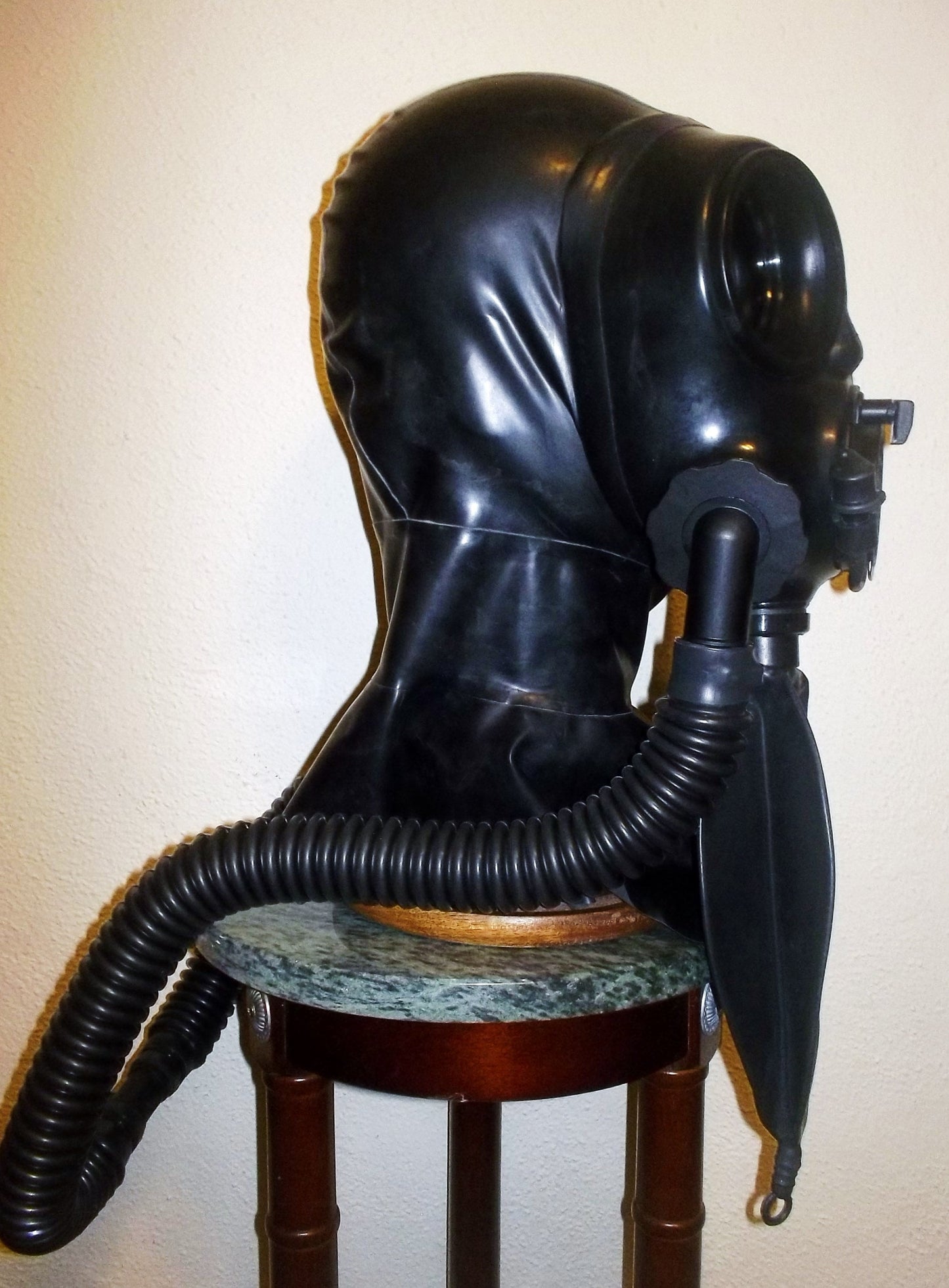 Fetish HEAVY RUBBER Gas Mask LATEX HOOD with Dark Lenses, Twin Hoses and Rebreather Bag by FANTOMAS & Co.