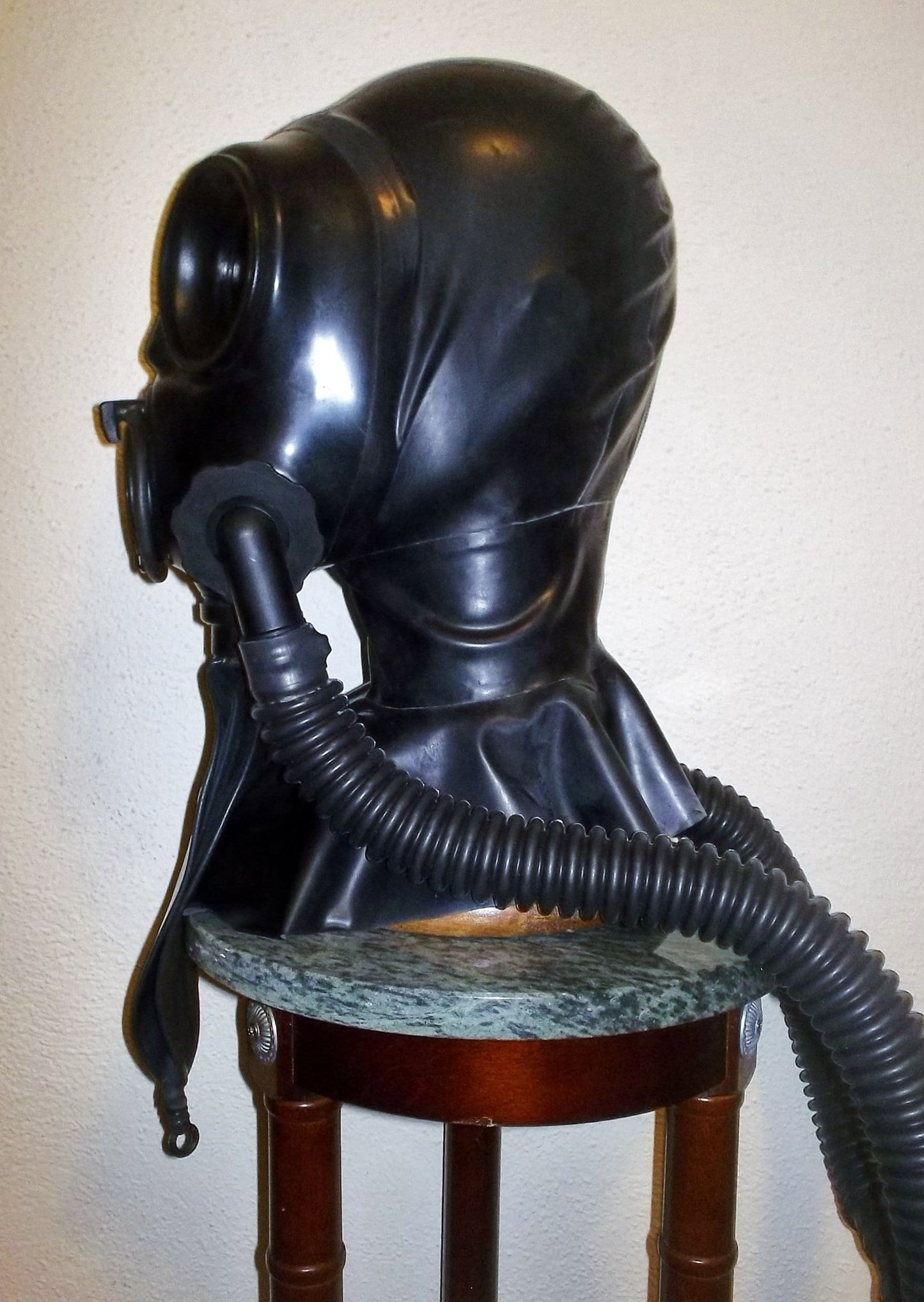 Fetish HEAVY RUBBER Gas Mask LATEX HOOD with Dark Lenses, Twin Hoses and Rebreather Bag by FANTOMAS & Co.