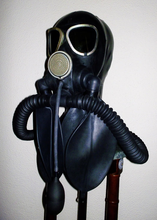 LATEX Hooded GAS MASK with Dark Tinted Lenses, Double Hoses, Inflatable Gag and Two Rebreather Bags HEAVY RUBBER by FANTOMAS & Co.