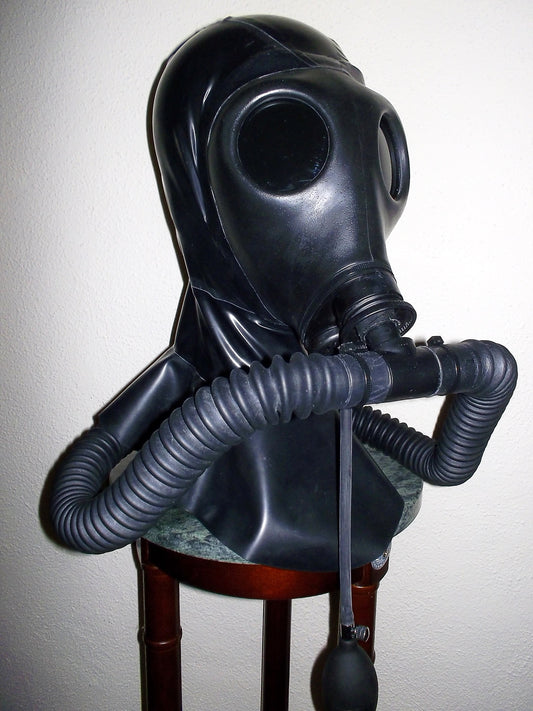 FETISH Heavy Rubber LATEX Israeli Gas Mask HOOD with Tinted Lenses, Twin Hoses, Inflatable Mouth Gag and Rebreather Bag by FANTOMAS & Co.