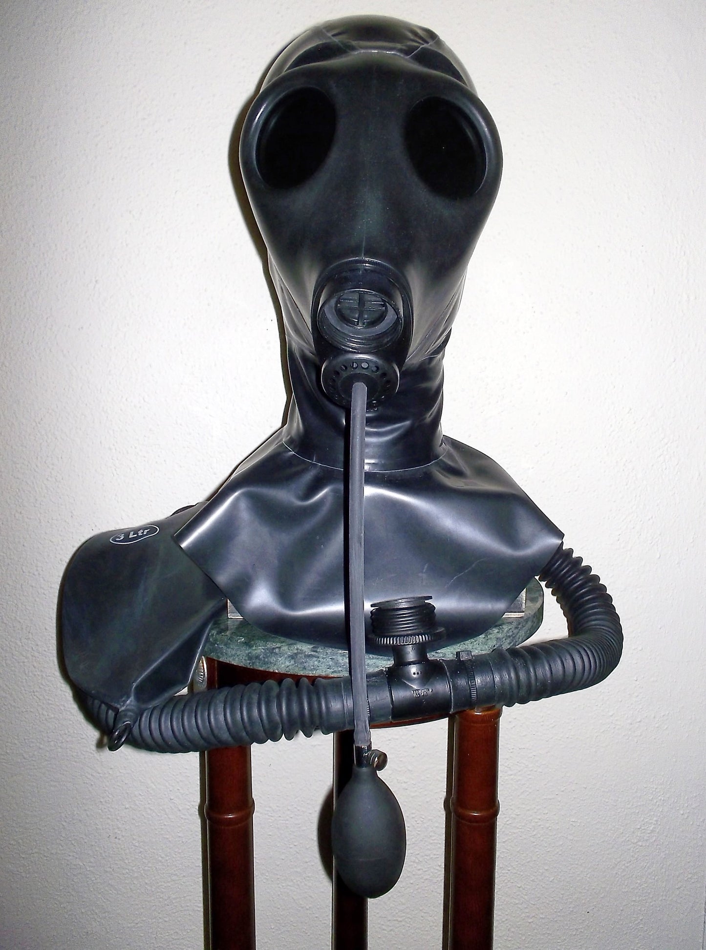 FETISH Heavy Rubber LATEX Israeli Gas Mask HOOD with Tinted Lenses, Twin Hoses, Inflatable Mouth Gag and Rebreather Bag by FANTOMAS & Co.