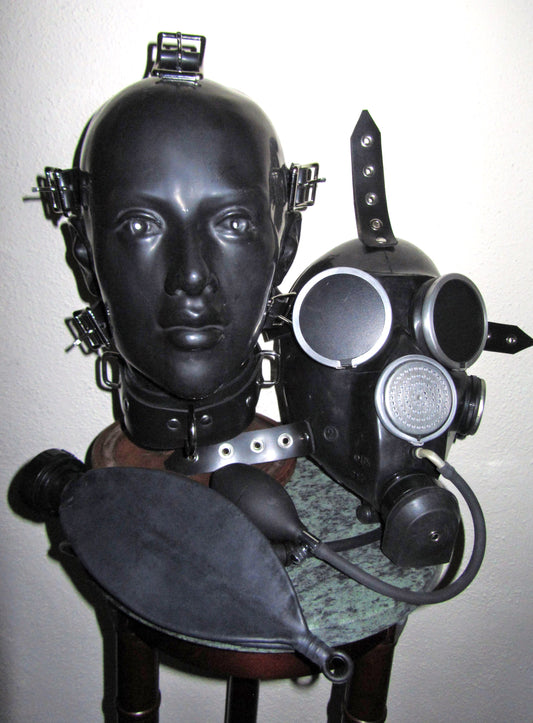 Fetish HEAVY RUBBER System 3-in-1 BONDAGE Latex HELMET Rebreather GAS MASK HOOD with Rigid Collar, Gag, Blindfold Lens Covers and Drinking Unit by FANTOMAS & Co.