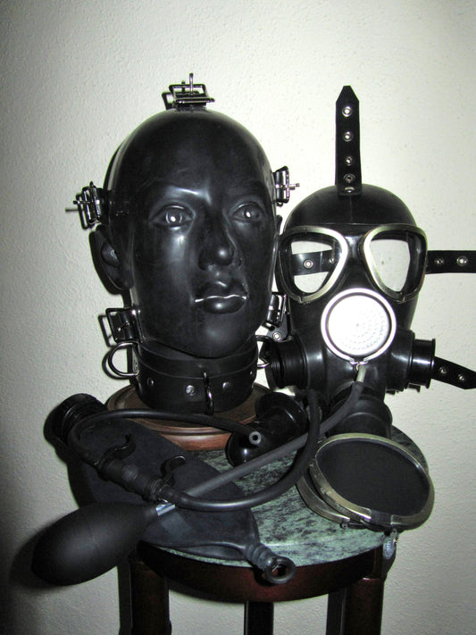 Fetish HEAVY RUBBER System 3-in-1 Gas Mask BONDAGE HELMET Rebreather Latex HOOD with Rigid Collar, Gag, Blindfolds, Drinking Unit by FANTOMAS & Co.