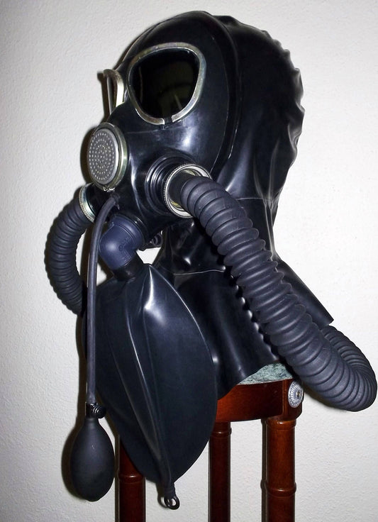 Latex GAS MASK Hood w Dark Tinted Lenses, Twin Hoses and Rebreather Bag~Heavy Rubber Fetish by FANTOMAS & Co.