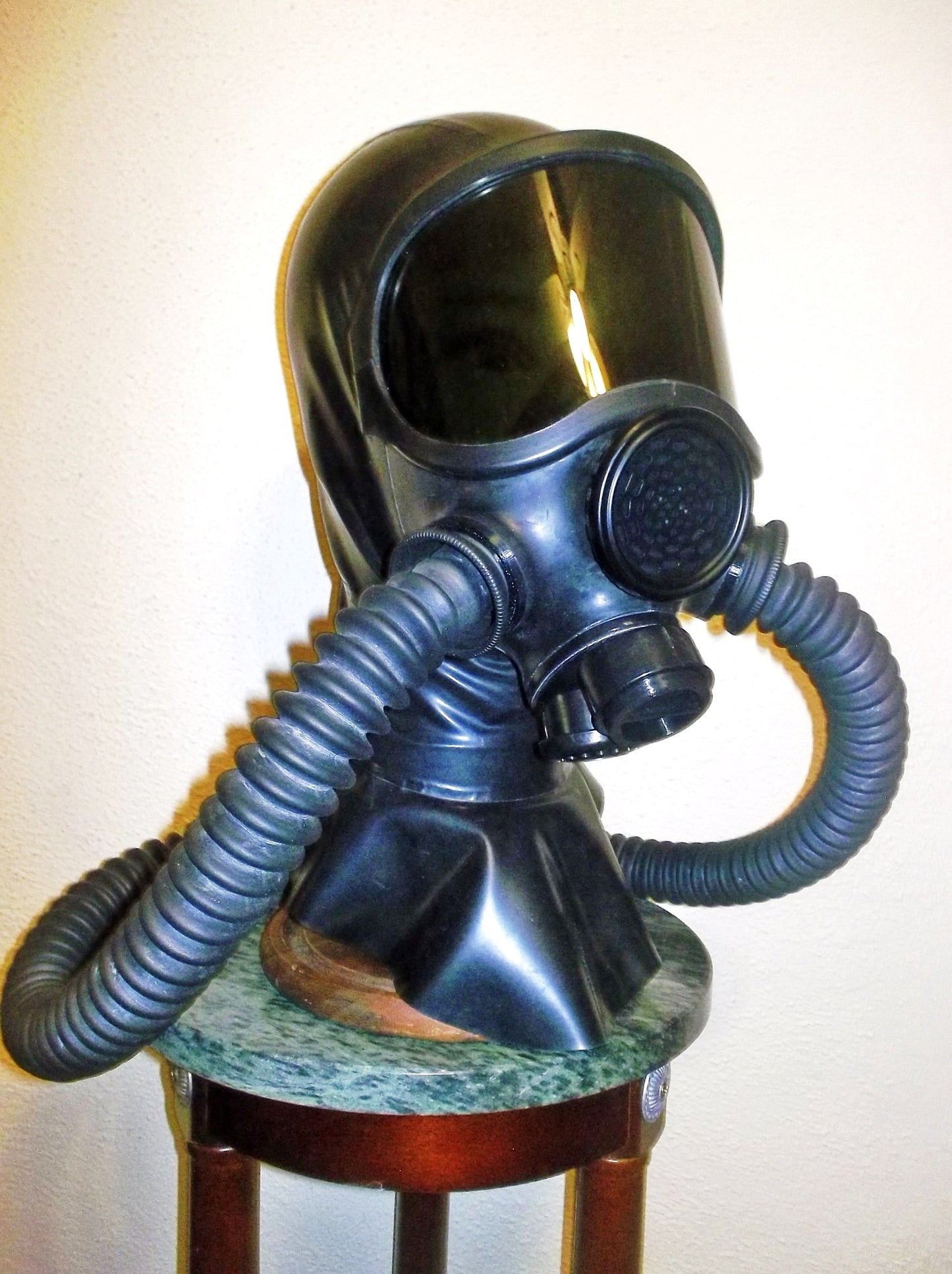 Custom HEAVY RUBBER Fetish LATEX Hooded GAS MASK with 3 Inlet PORTS, Dark Lens Shield, Twin Hoses and Rebreather Bag by FANTOMAS & Co.