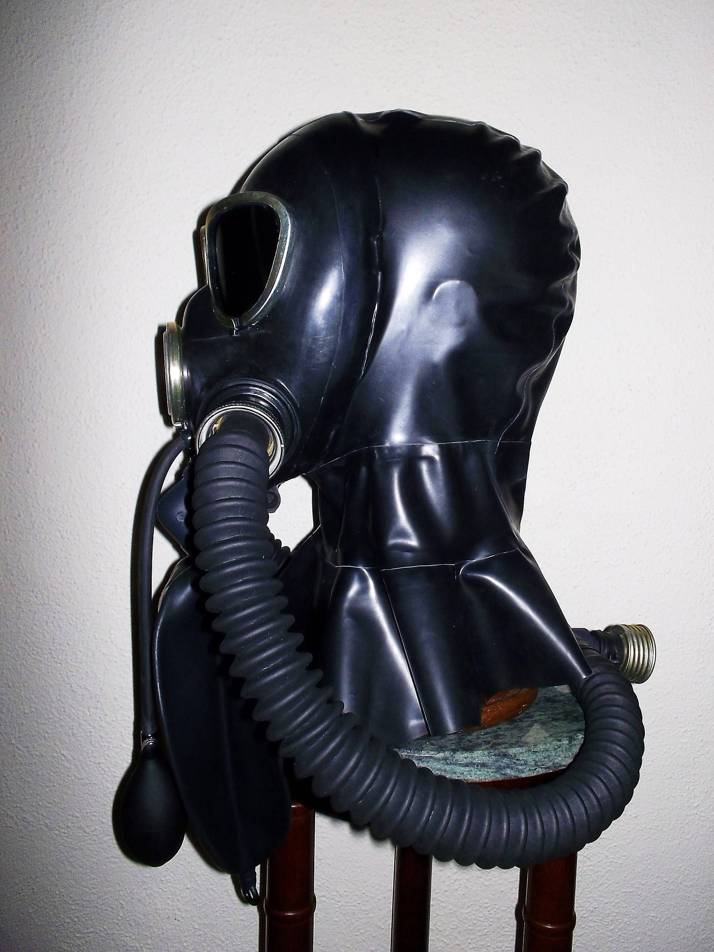 Latex GAS MASK Hood w Dark Tinted Lenses, Twin Hoses and Rebreather Bag~Heavy Rubber Fetish by FANTOMAS & Co.