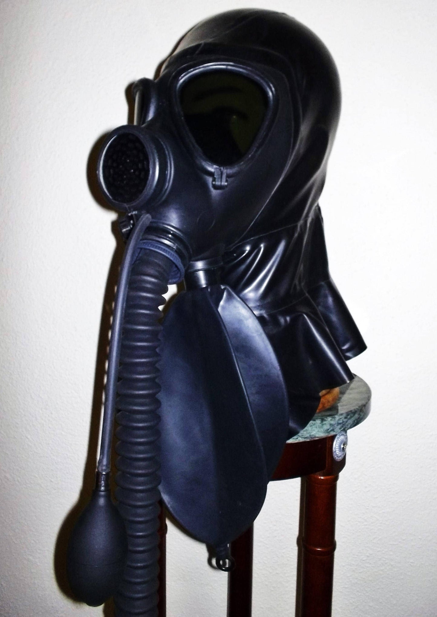 Fetish Heavy Rubber LATEX Gas Mask HOOD with Dark Tinted Lens, Inflatable Mouth Gag, Breathing Hose, Rebreather Bag by FANTOMAS & Co.