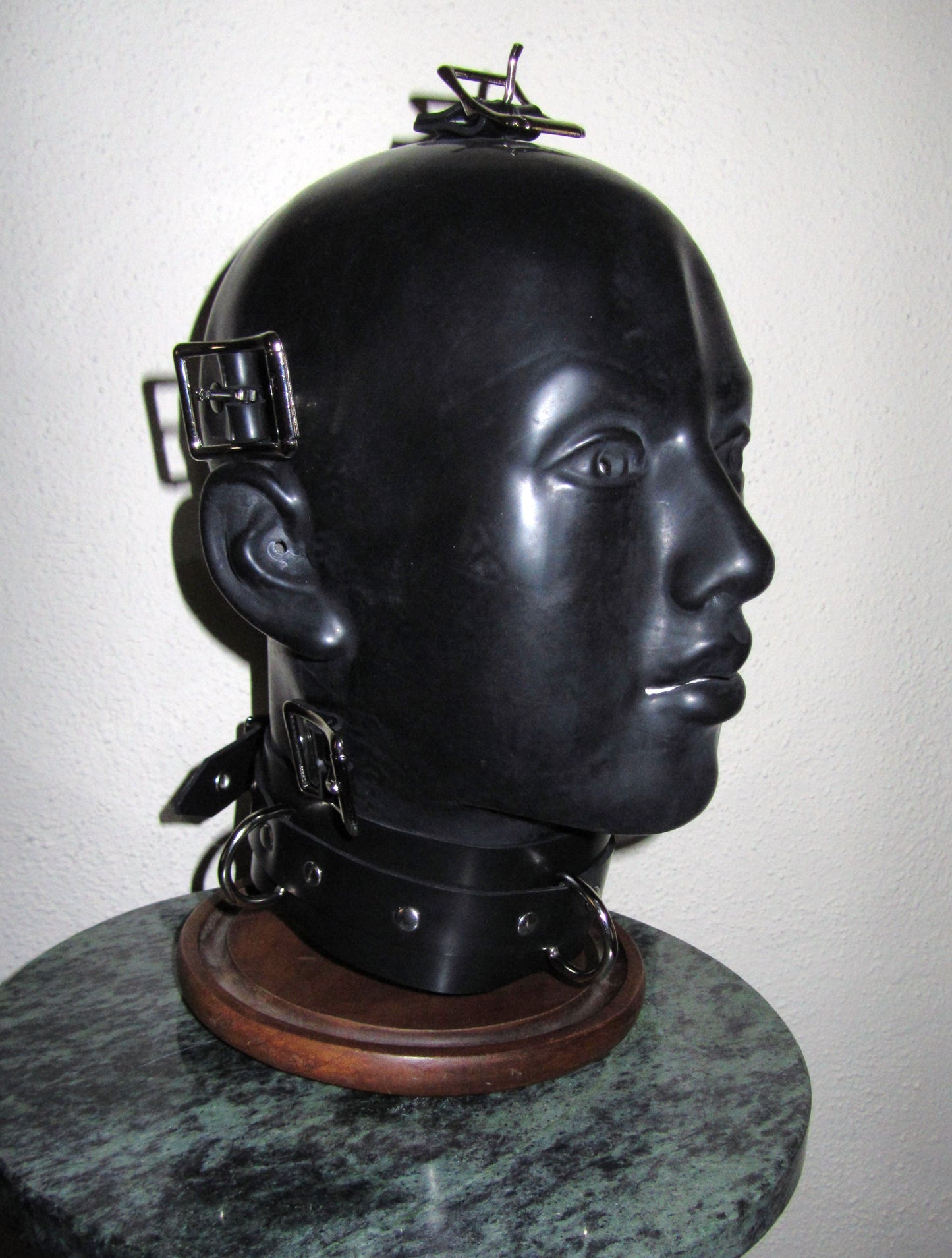 Fetish HEAVY RUBBER System 3-in-1 Gas Mask BONDAGE HELMET Rebreather Latex HOOD with Rigid Collar, Gag, Blindfolds, Drinking Unit by FANTOMAS & Co.